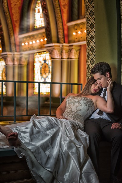 Bride and groom in romantic setting